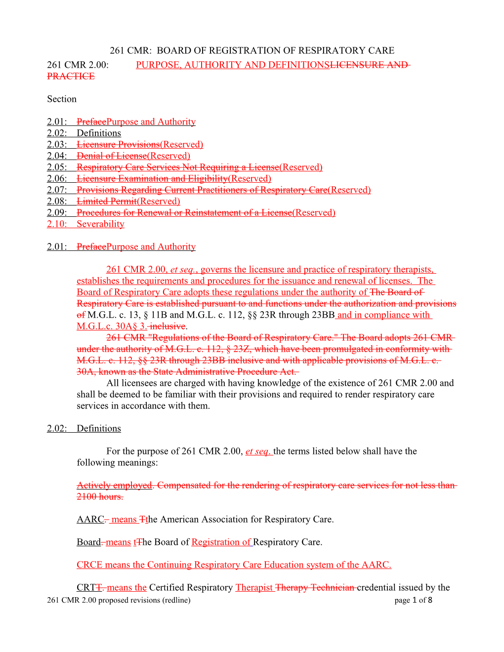 261 Cmr: Board of Registration of Respiratory Care