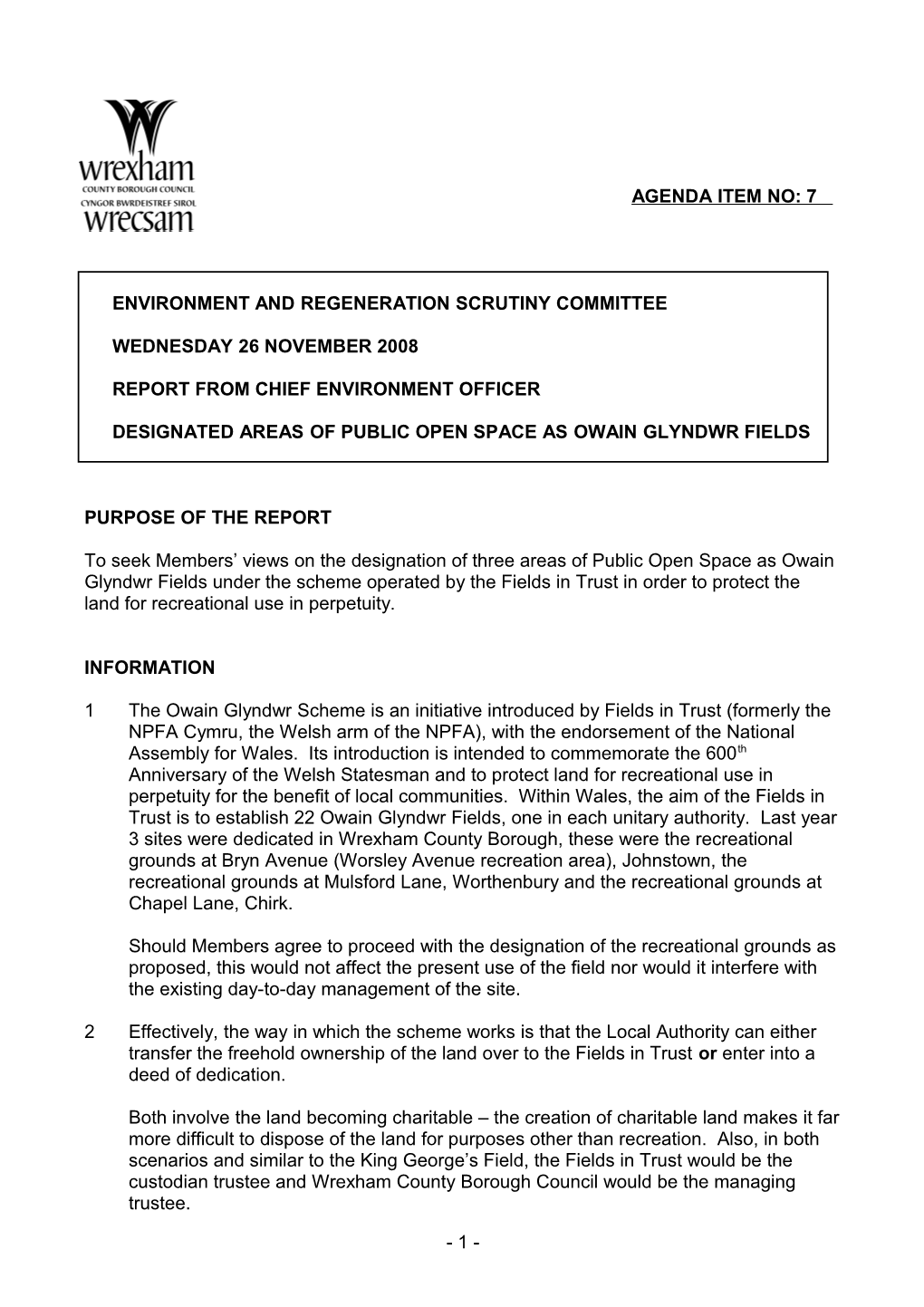 26/11/2008 Report : Environment and Regeneration Scrutiny Committee