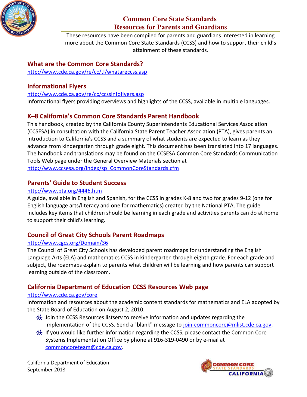 Resources for Parents and Guardians - CCSS (Ca Dept of Education)