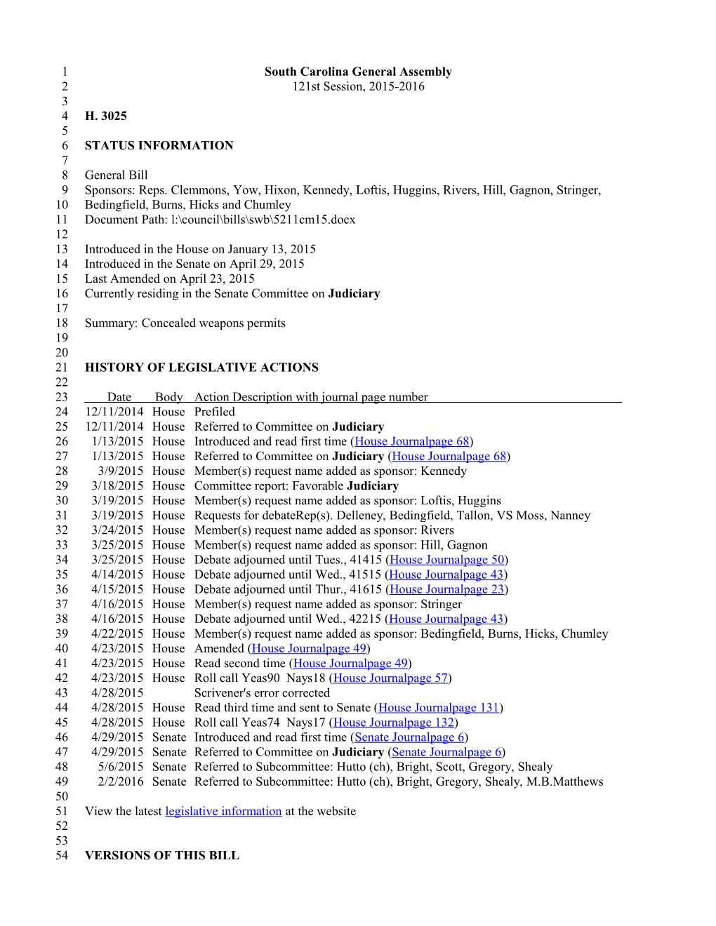 2015-2016 Bill 3025: Concealed Weapons Permits - South Carolina Legislature Online