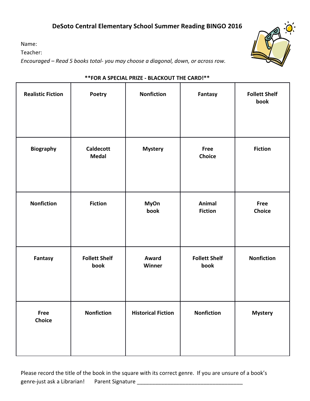 Desoto Central Elementary School Summer Reading BINGO 2016