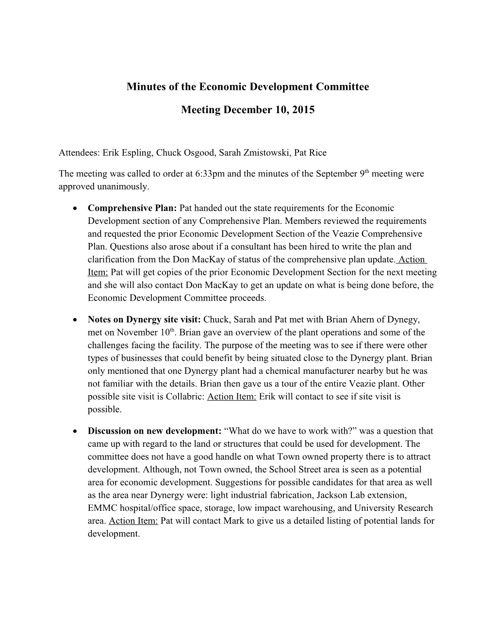 Minutes of the Economic Development Committee