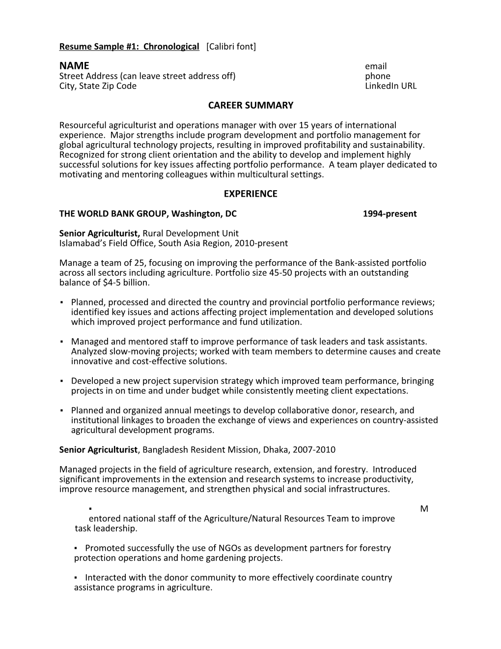 Resume Sample #1: Chronological Calibri Font