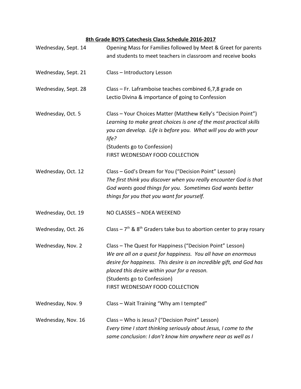 8Thgradeboys Catechesis Class Schedule 2016-2017