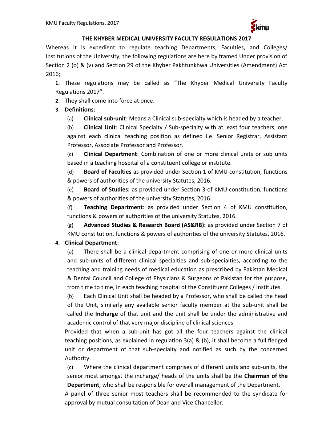 The Khyber Medical University Faculty Regulations 2017