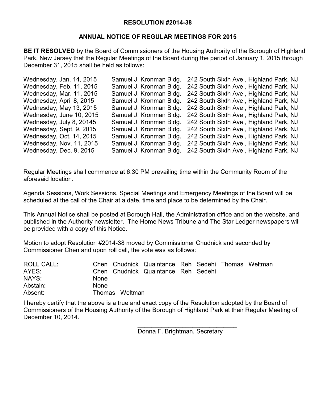 Annual Notice of Regular Meetings for 2015