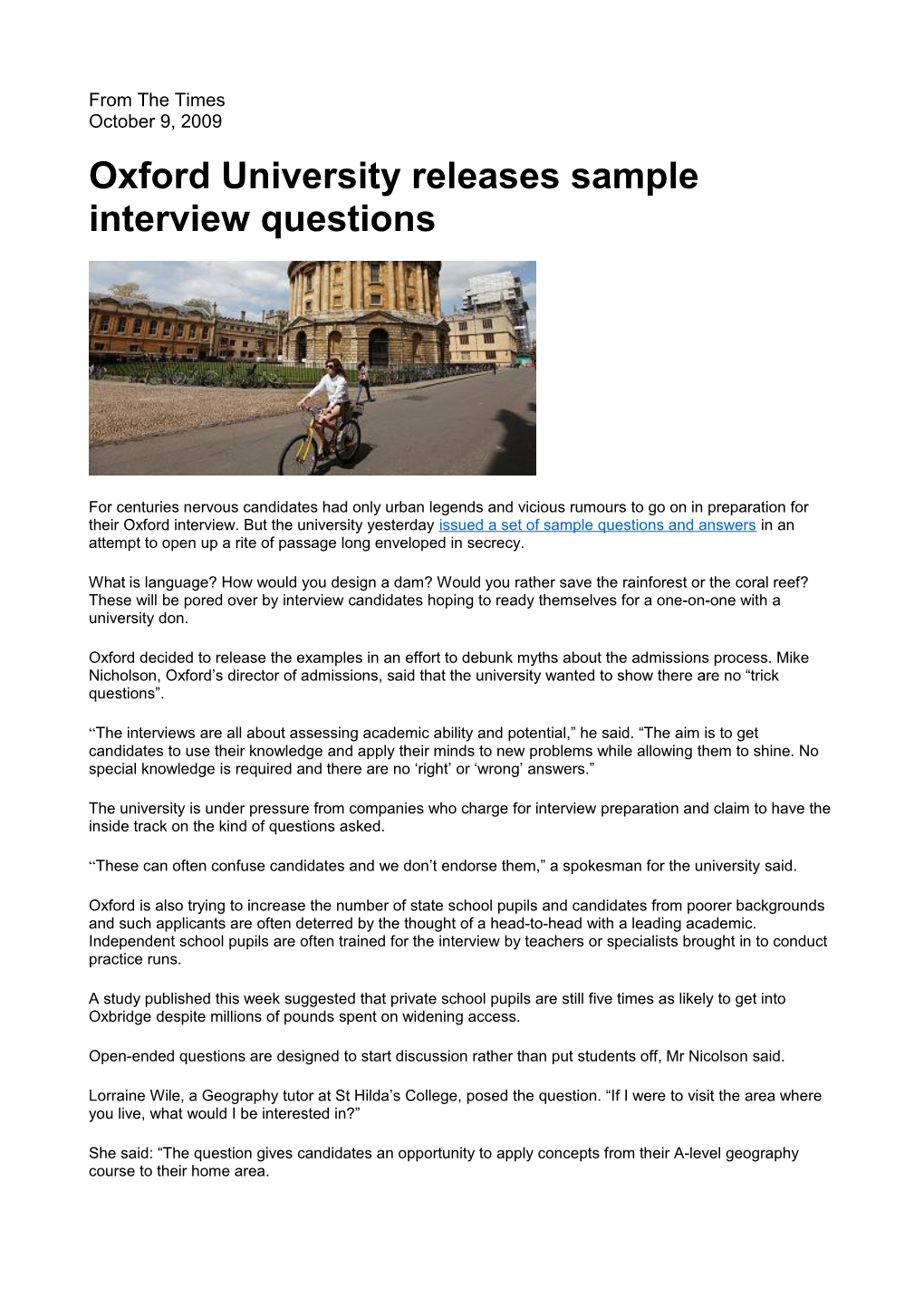 Oxford University Releases Sample Interview Questions