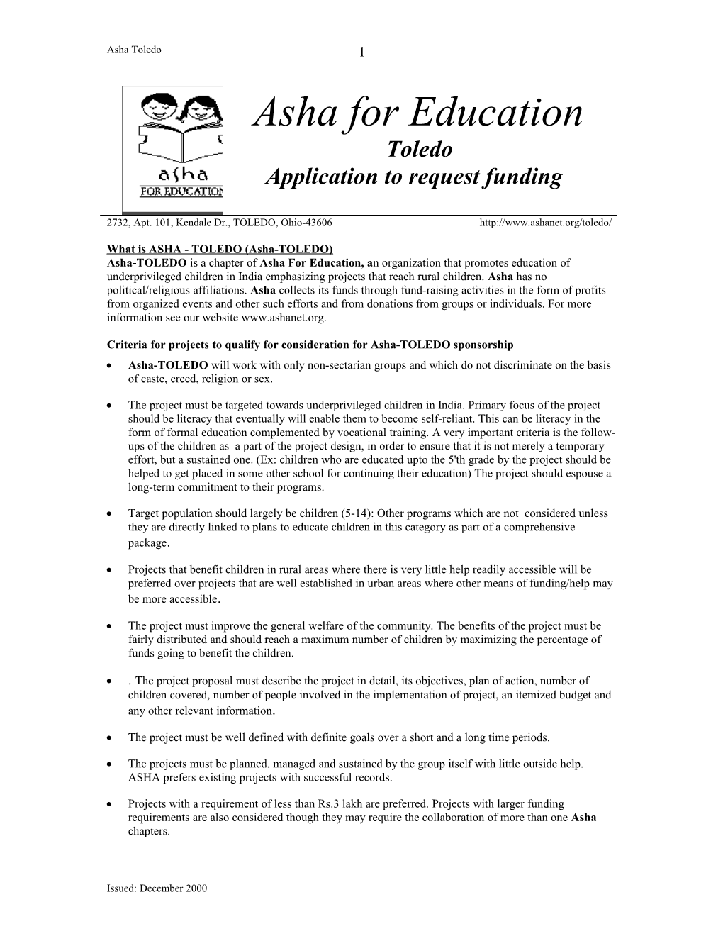 Application Form to Request Funding from ASHA- Arizona s1