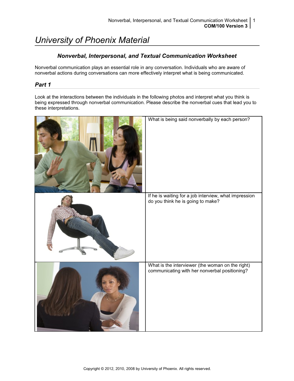 Nonverbal, Interpersonal, and Textual Communication Worksheet