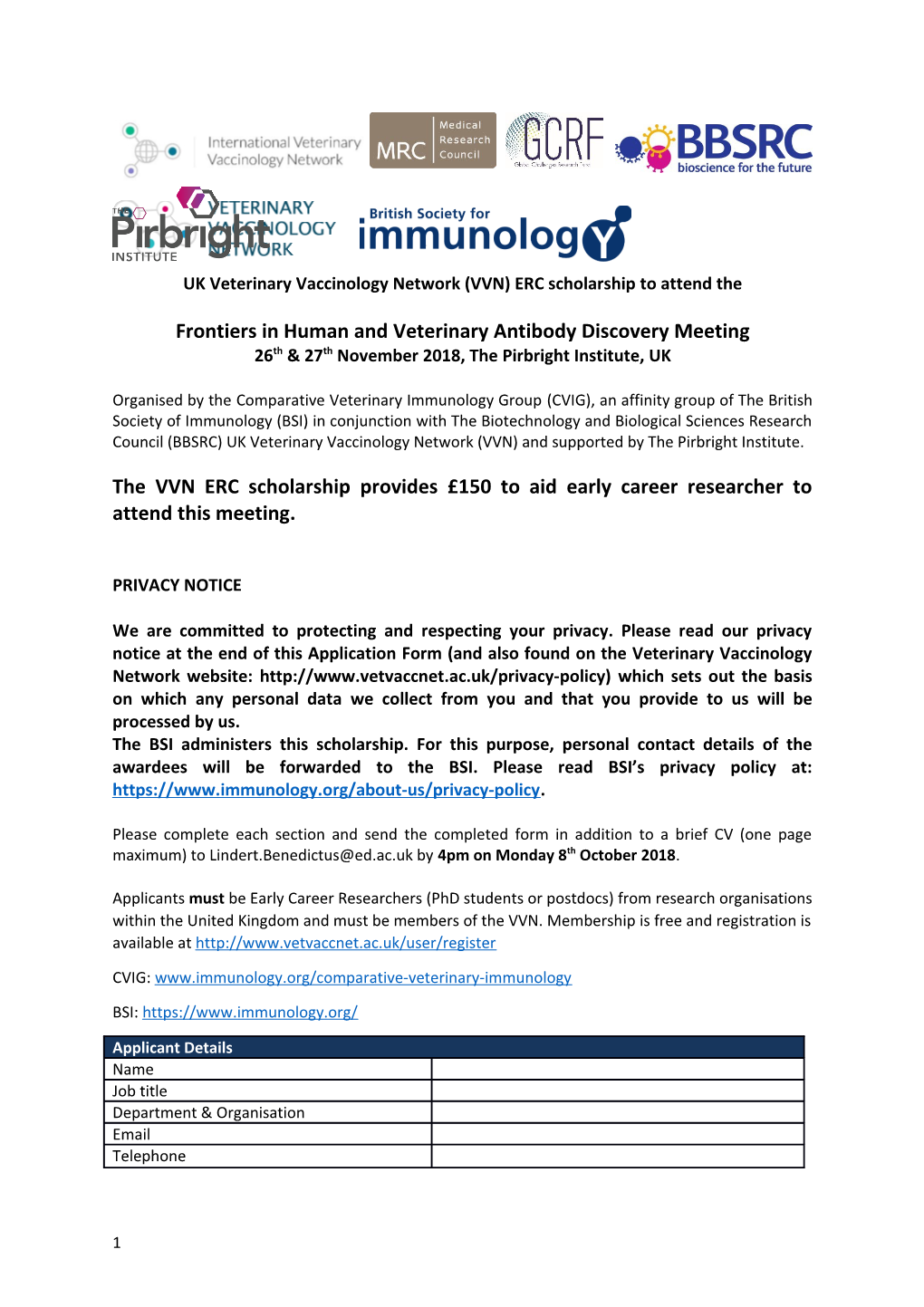 UK Veterinary Vaccinology Network(VVN)ERC Scholarship to Attend The
