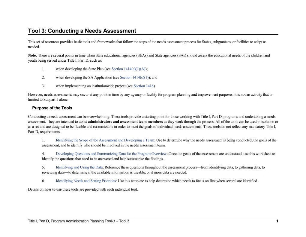 Tool 3: Conducting a Needs Assessment