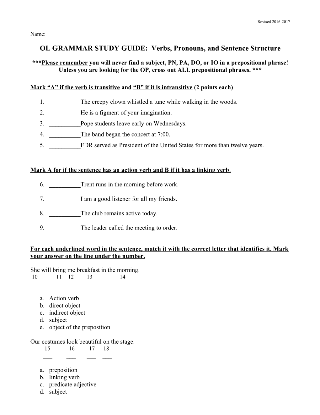 OL GRAMMAR STUDY GUIDE: Verbs, Pronouns, and Sentence Structure