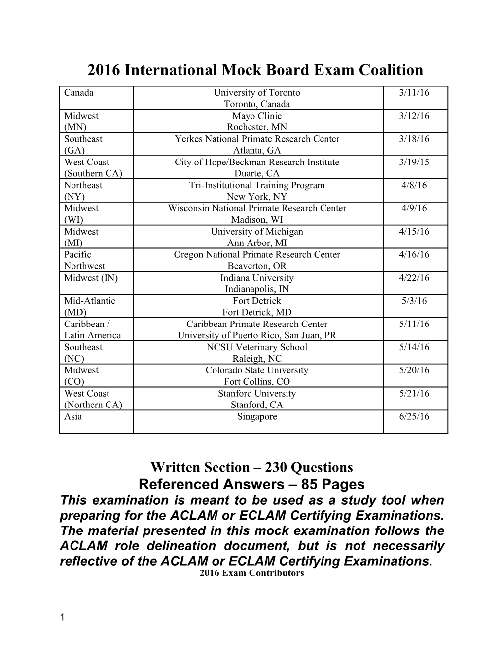 2016 International Mock Board Exam Coalition