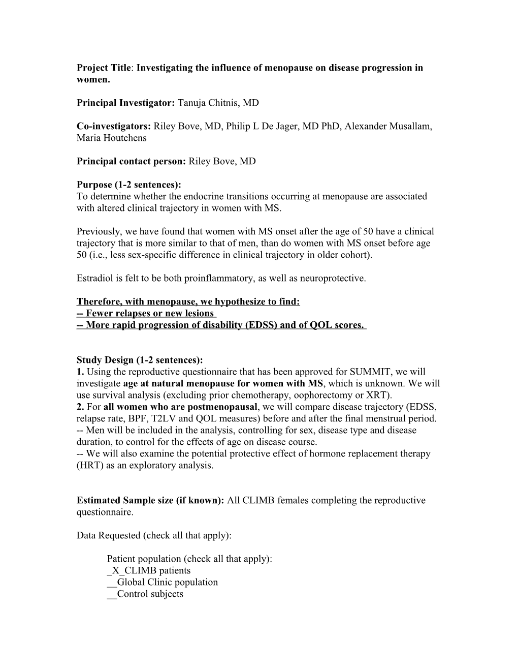 Project Title: Investigating the Influence of Menopause on Disease Progression in Women