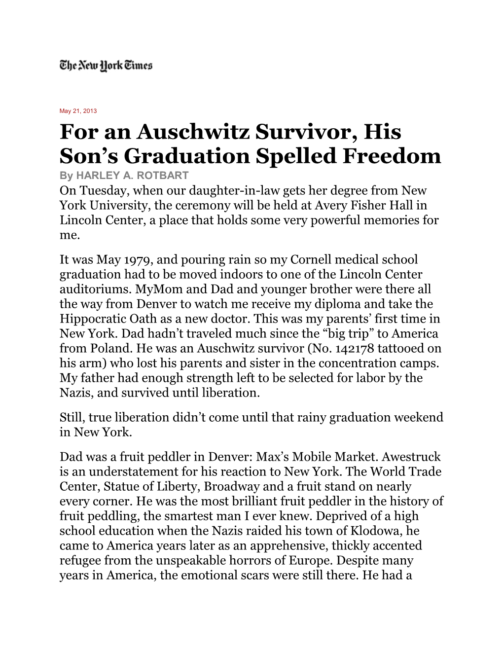 For an Auschwitz Survivor, His Son S Graduation Spelled Freedom