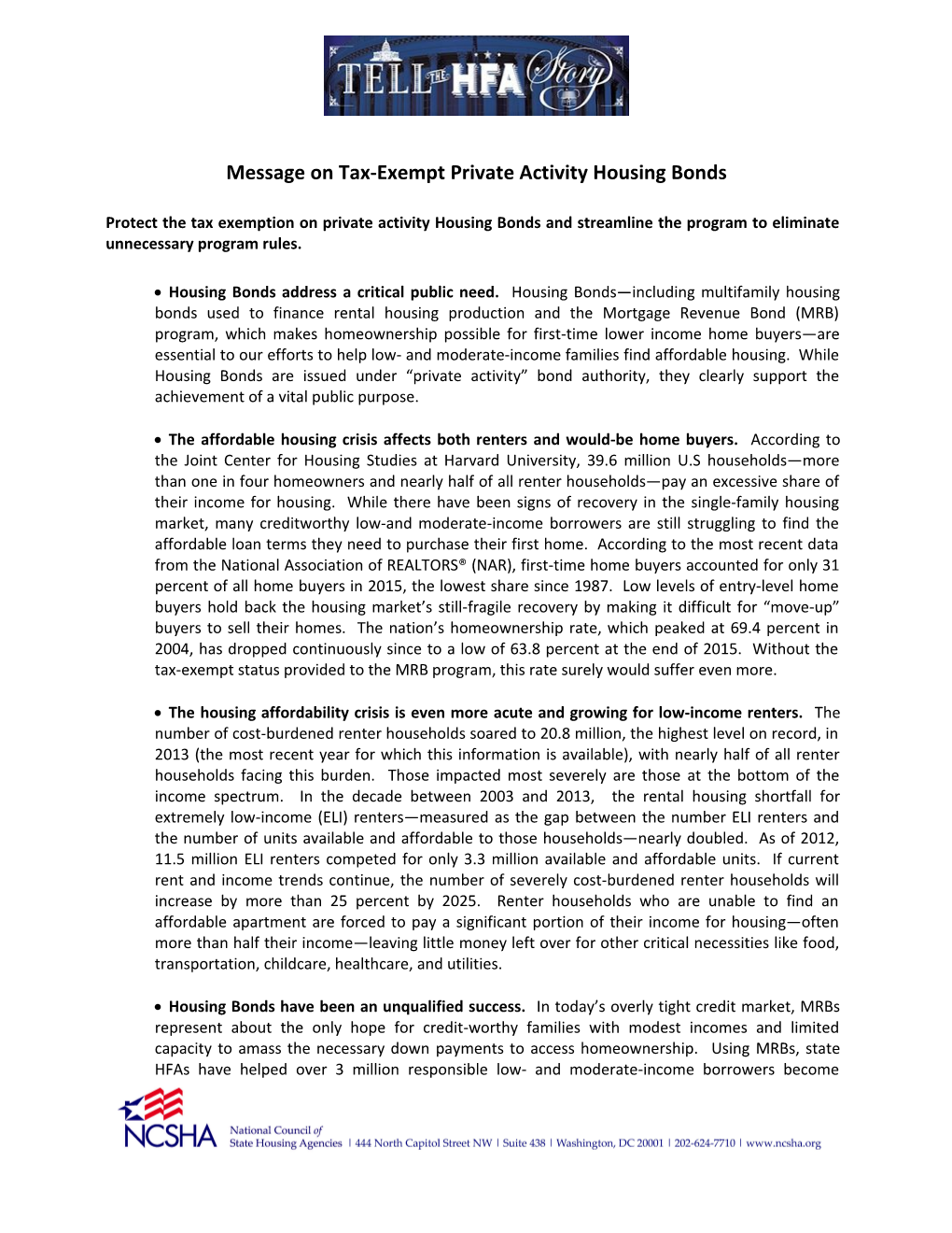 Message on Tax-Exempt Private Activity Housing Bonds