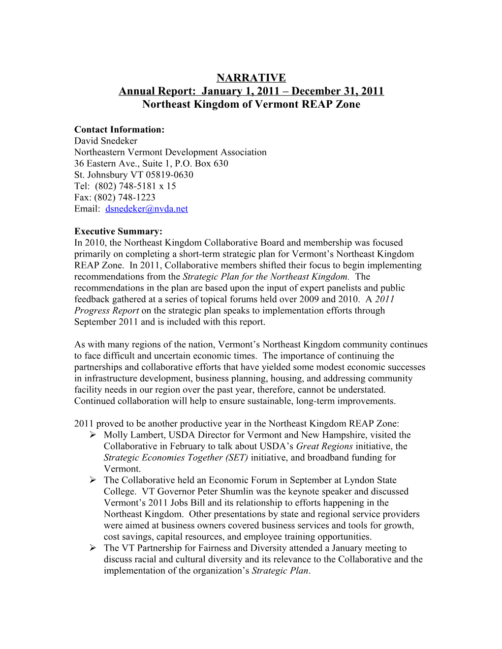 Annual Report: January 1, 2011 December 31, 2011