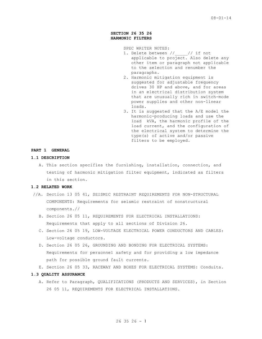 Section 26 35 26, Harmonic Filters