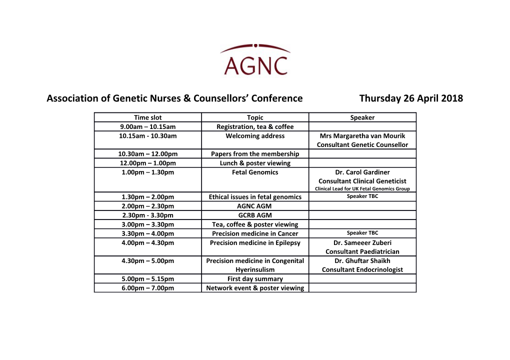 Association of Genetic Nurses & Counsellors Conference Thursday 26 April 2018