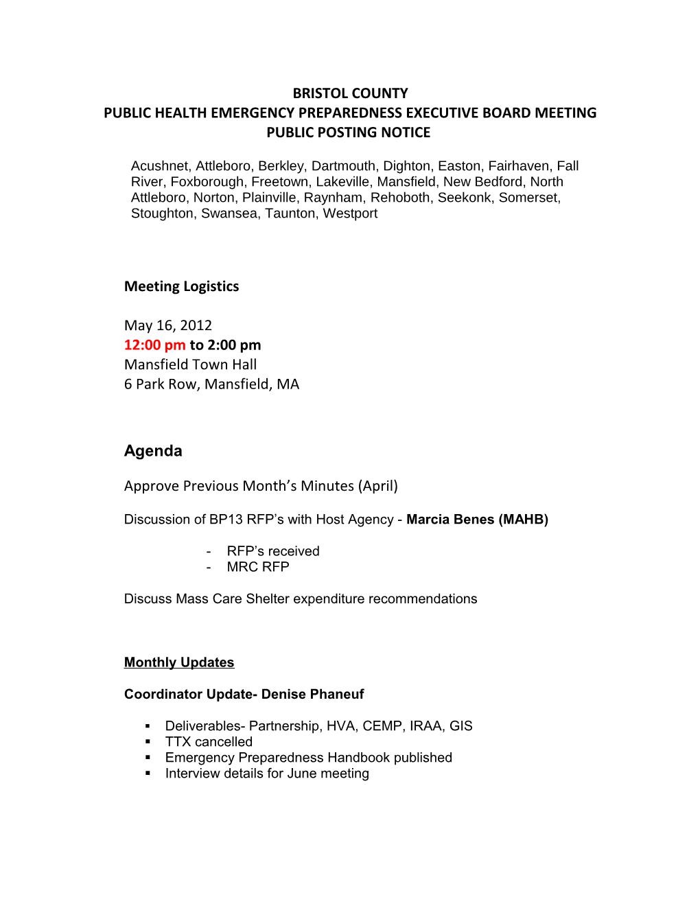 Public Health Emergency Preparedness Executive Board Meeting Public Posting Notice