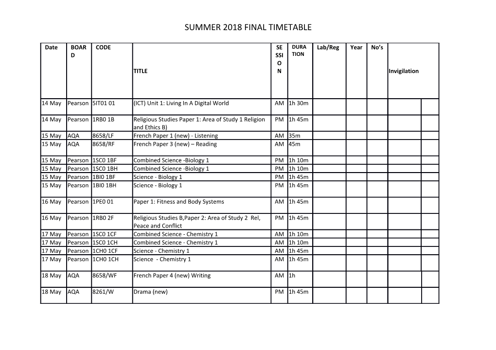 Summer 2018 Final Timetable