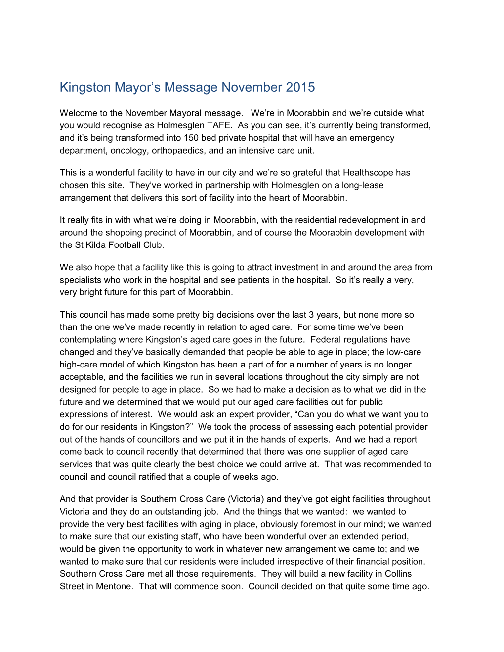 Kingston Mayor S Message November 2015