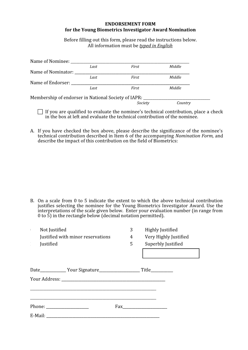 ENDORSEMENT FORM for the Young Biometrics Investigator Award Nomination