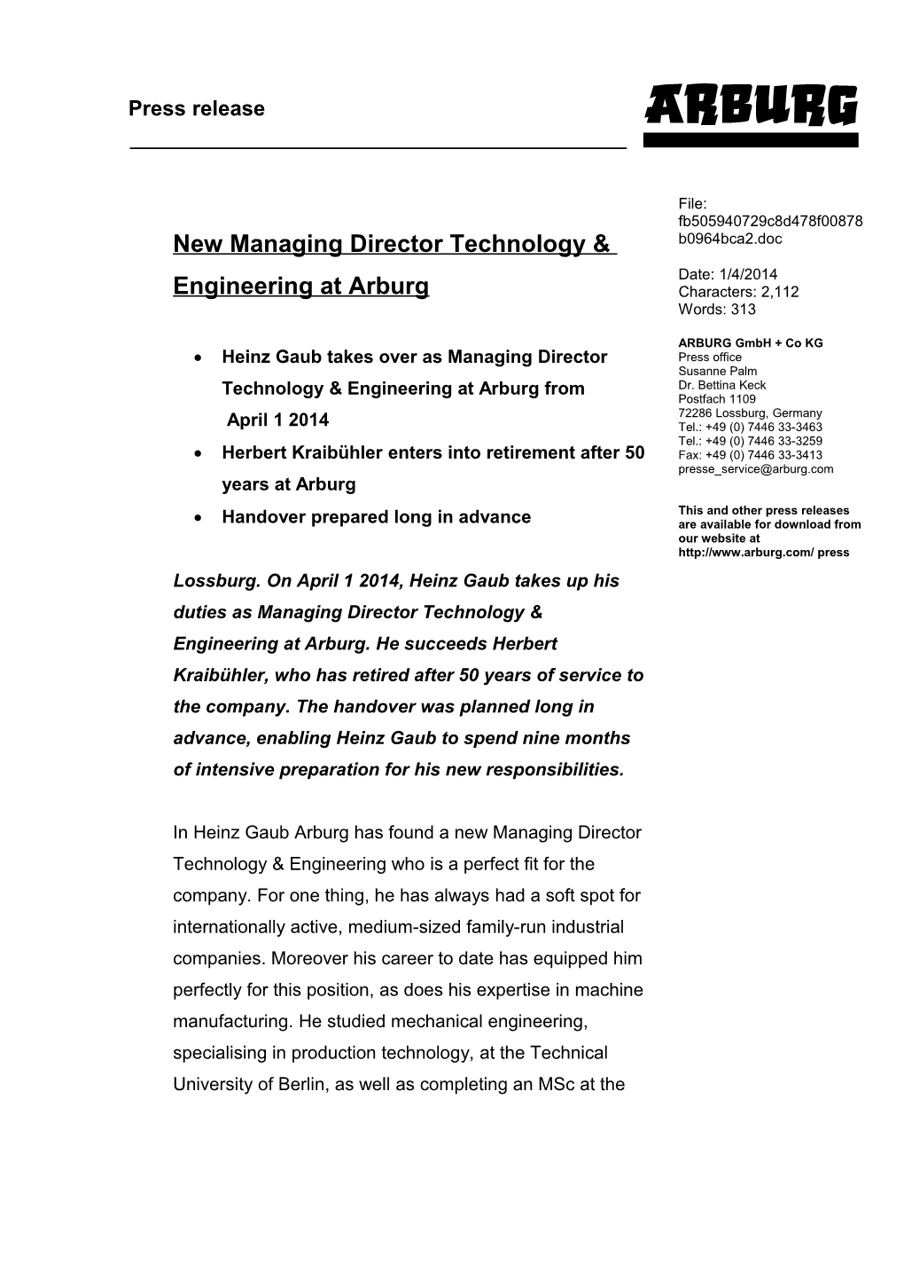 New Managing Director Technology & Engineering at Arburg
