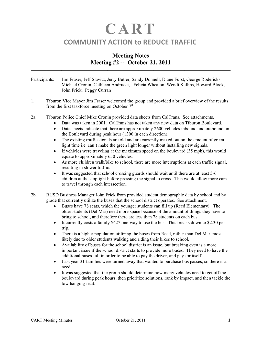 Community Action to Reduce Traffic (CART) Meeting Minutes