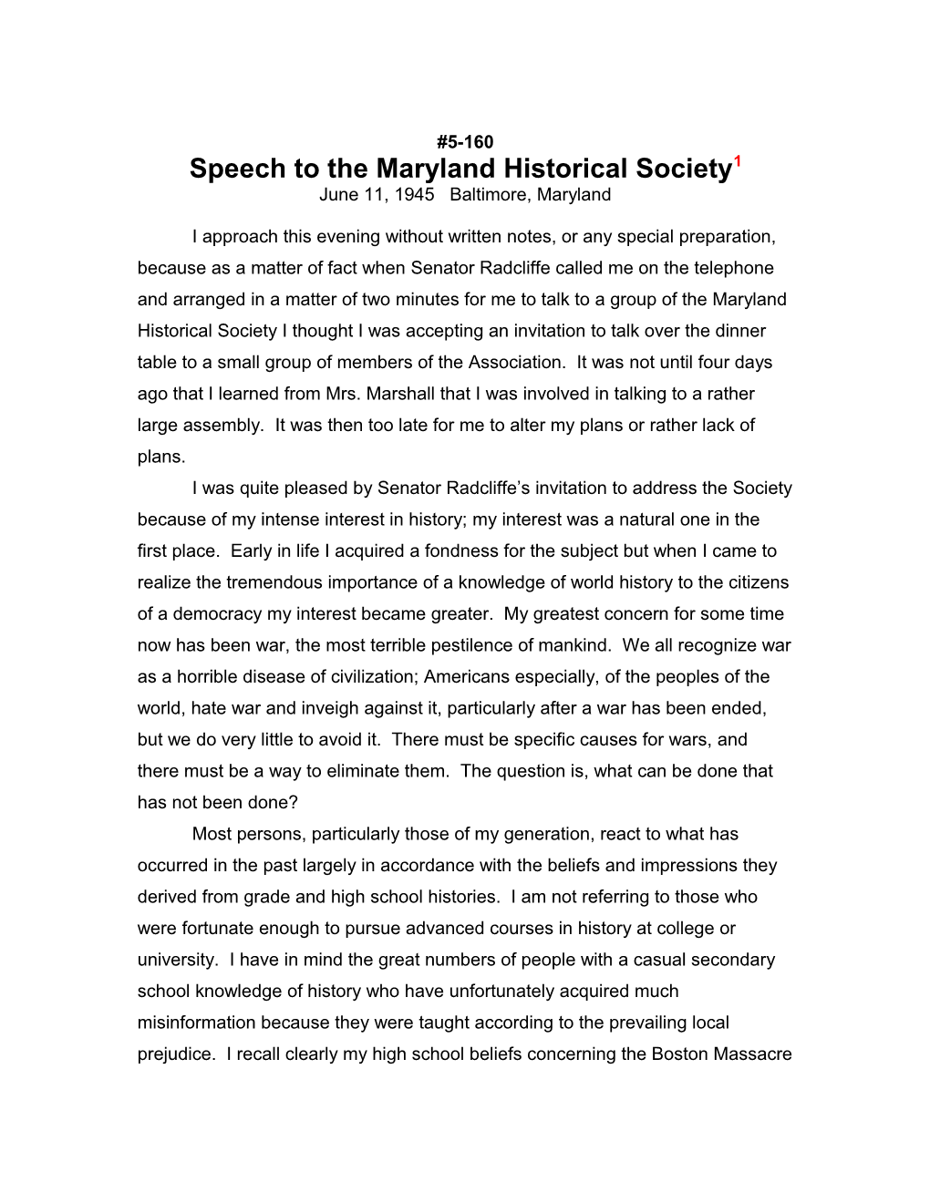 Speech to the Maryland Historical Society1