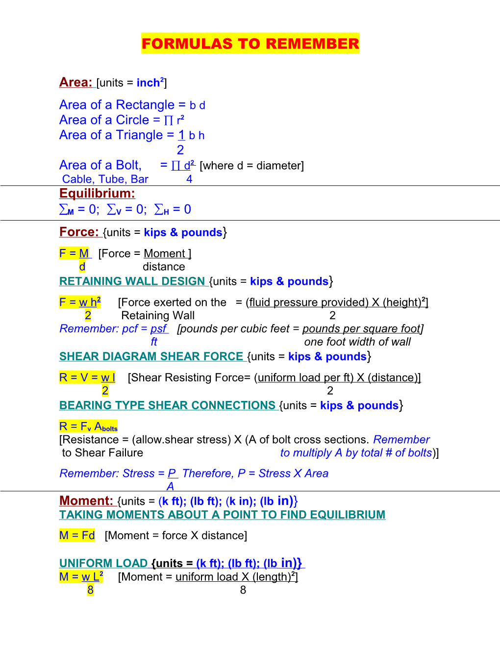 Formulas to Remember