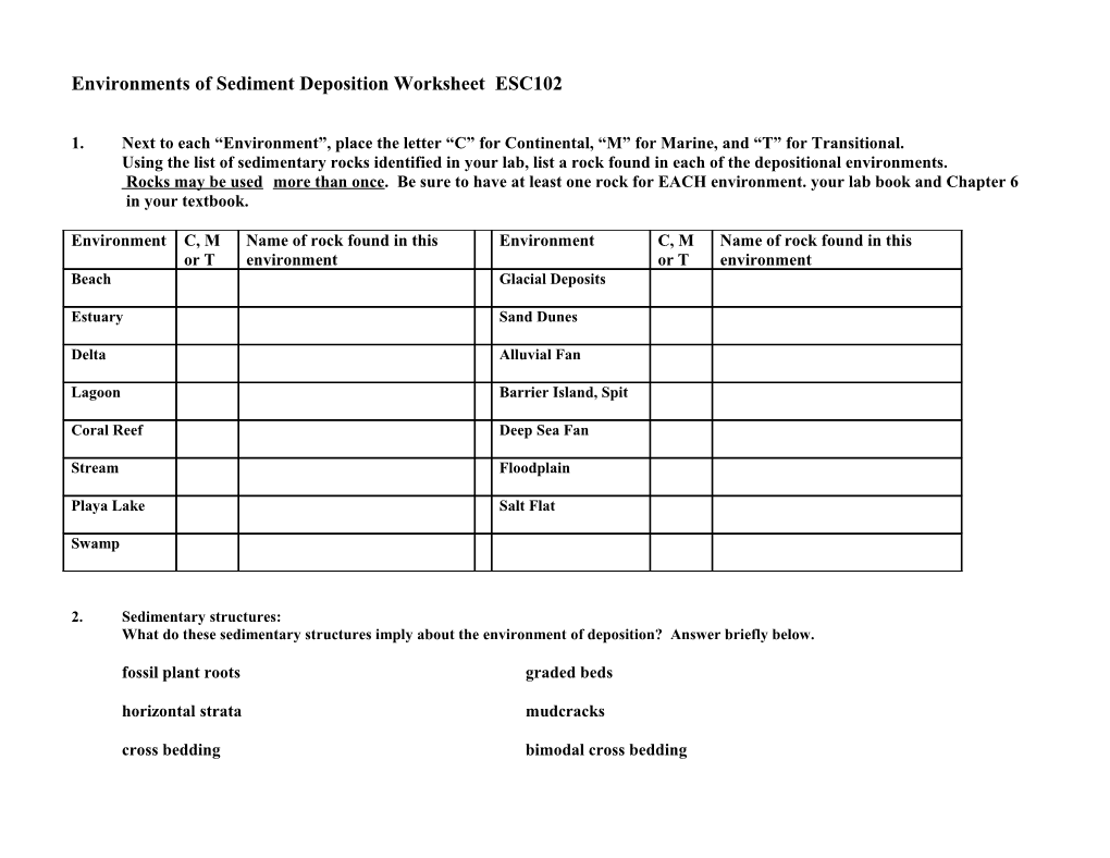 Environments of Sediment Deposition Worksheet