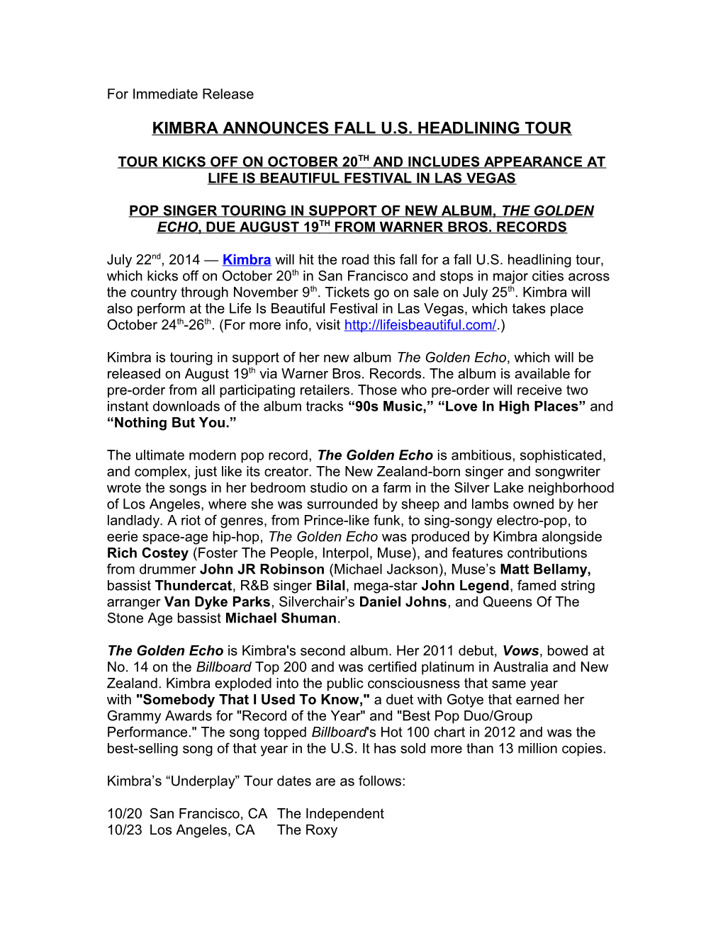 Kimbra Announces Fall U.S. Headlining Tour