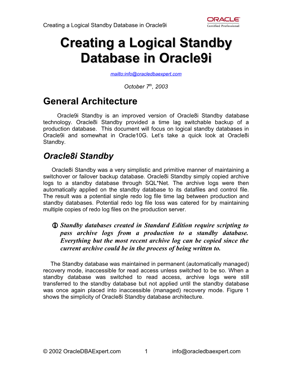 Creating a Logical Standby Database in Oracle9i