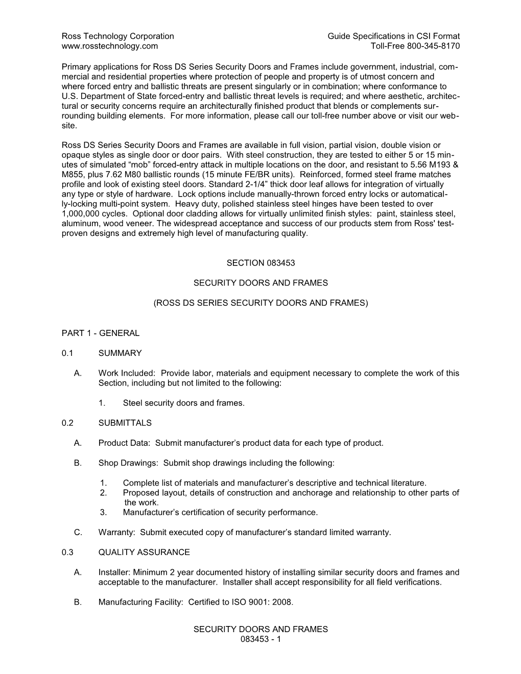 Ross Technology Corporation Guide Specifications in CSI Format