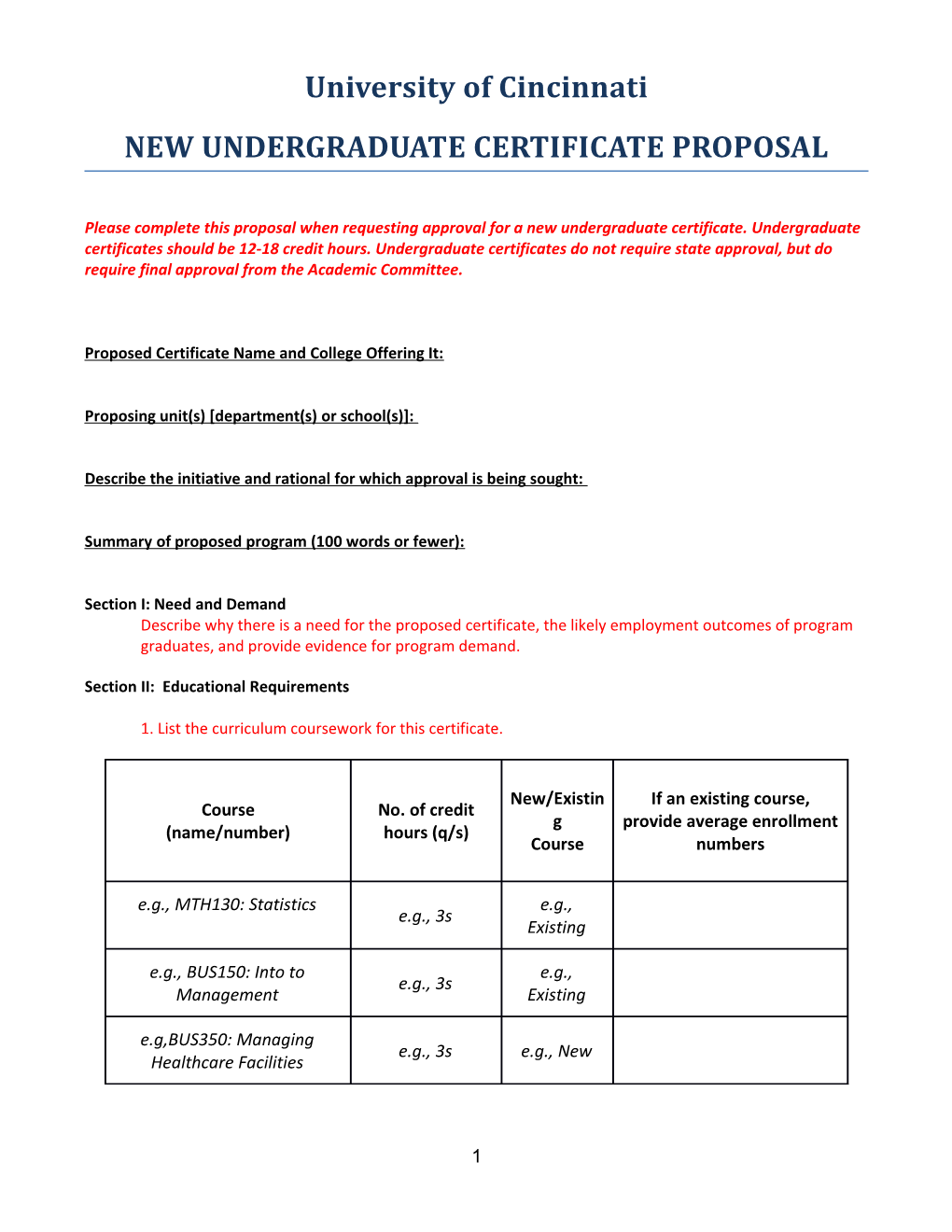 Proposed Certificate Name and College Offering It