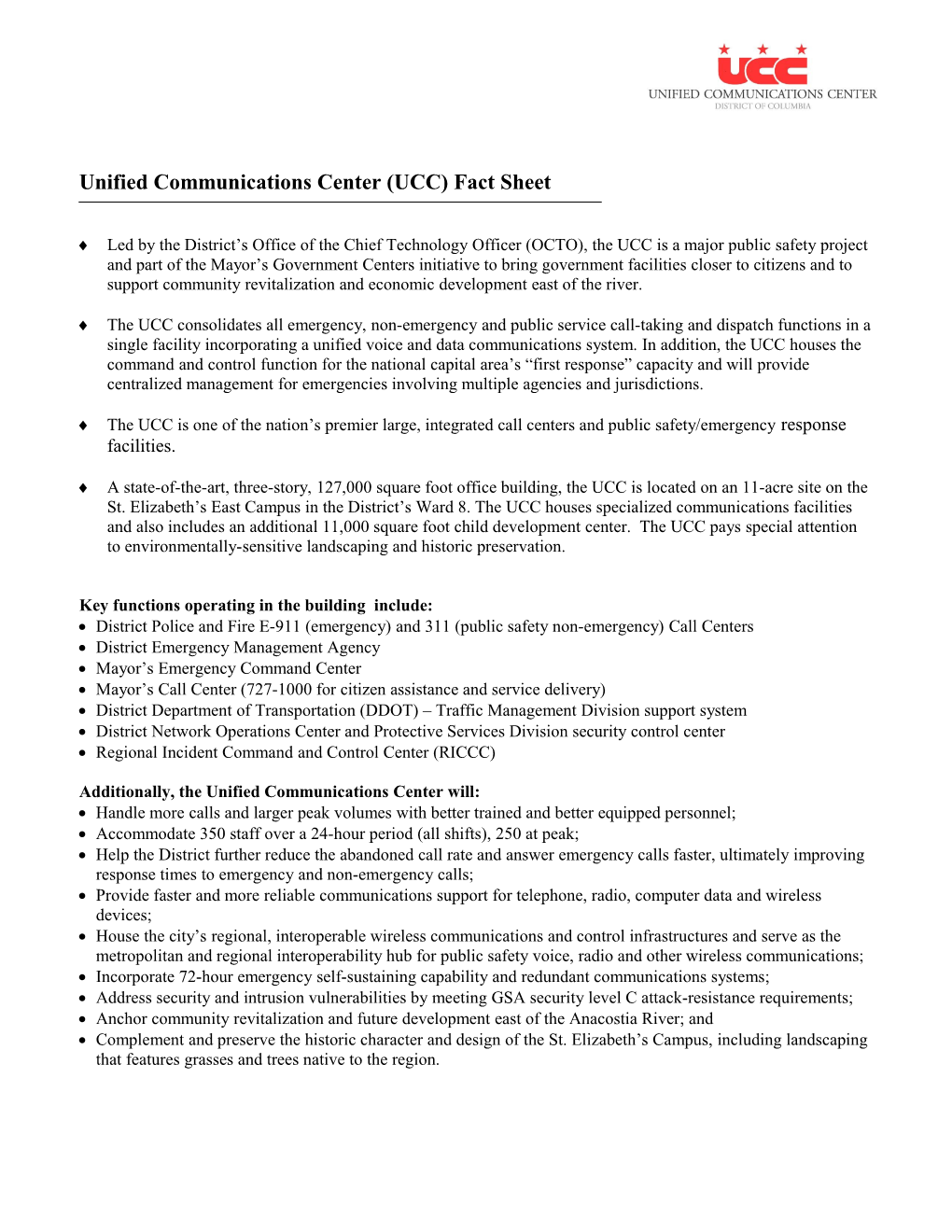 Unified Communications Center (UCC) Fact Sheet