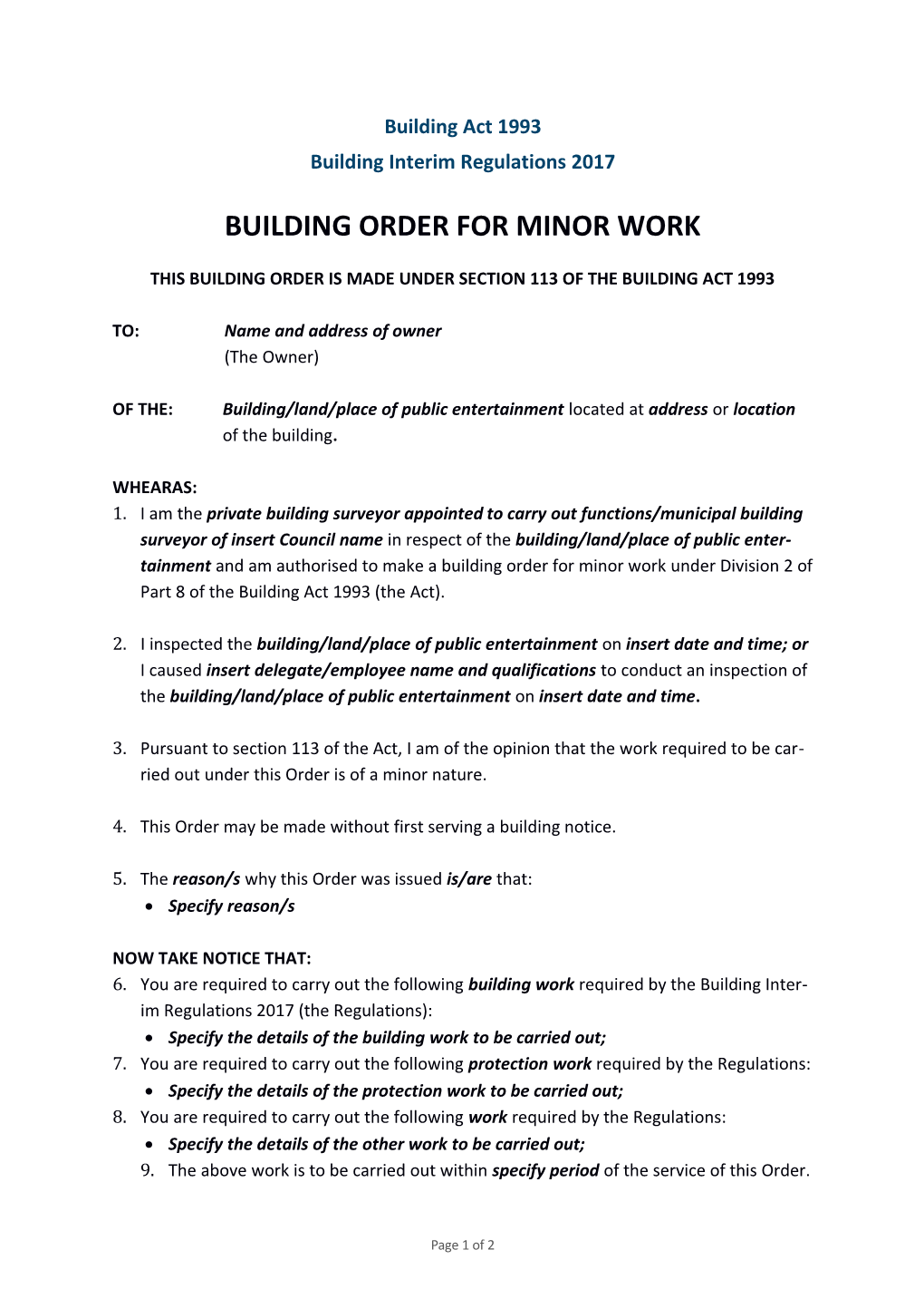 Building Order for Minor Work