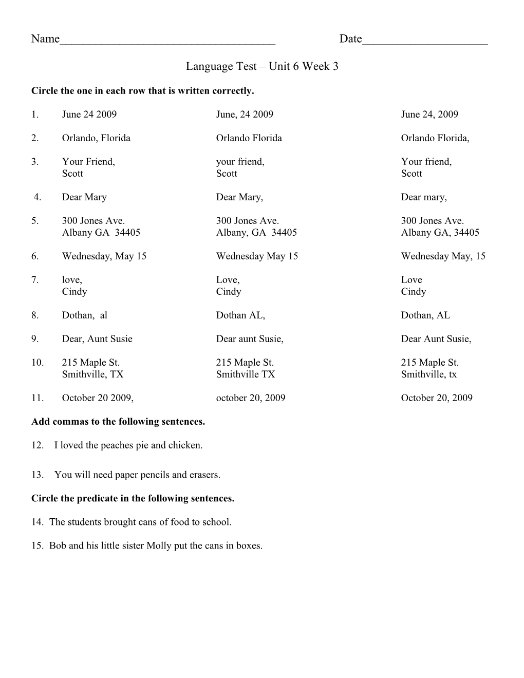 Circle the One in Each Row That Is Written Correctly