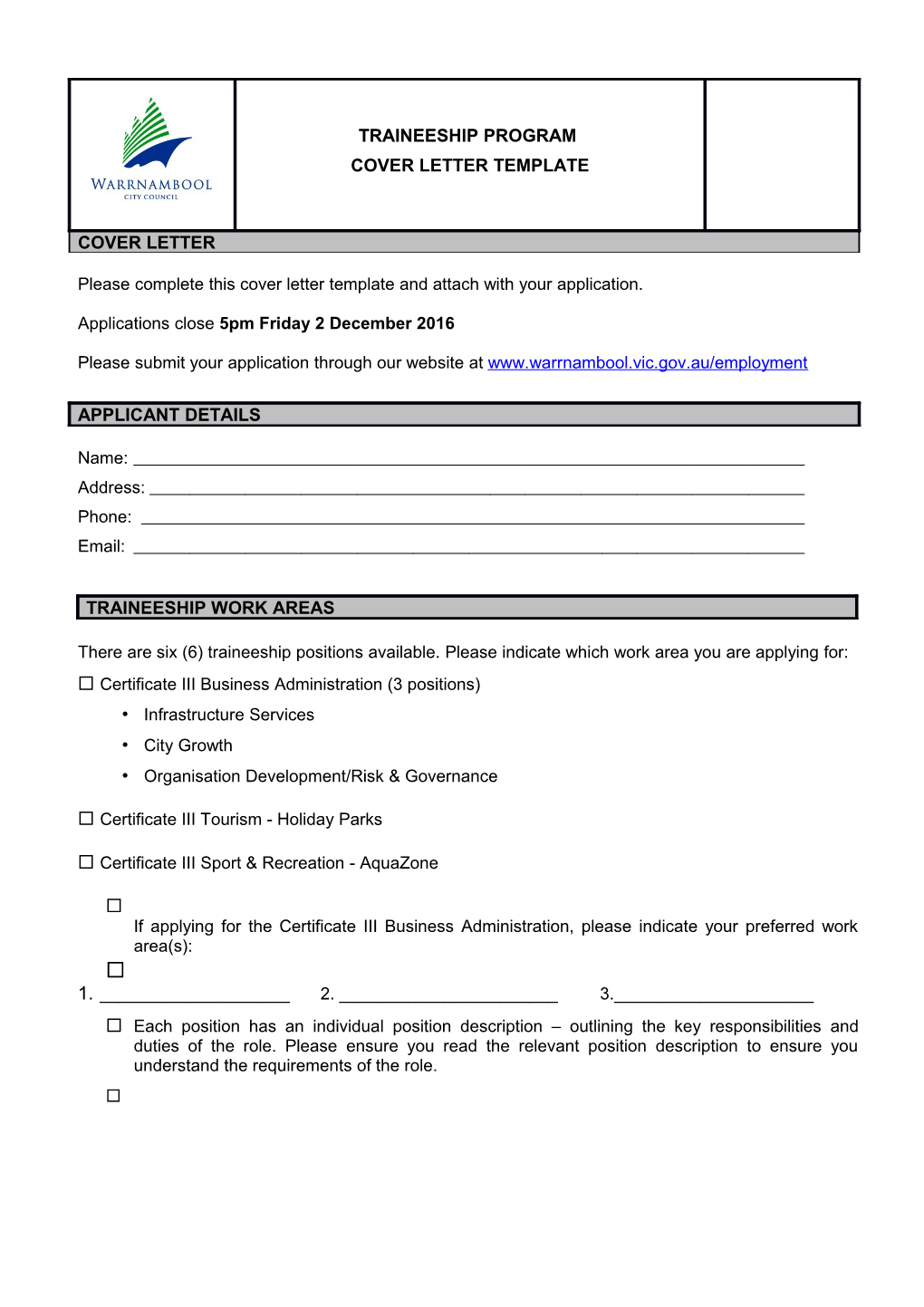 Please Complete This Cover Letter Template and Attach with Your Application