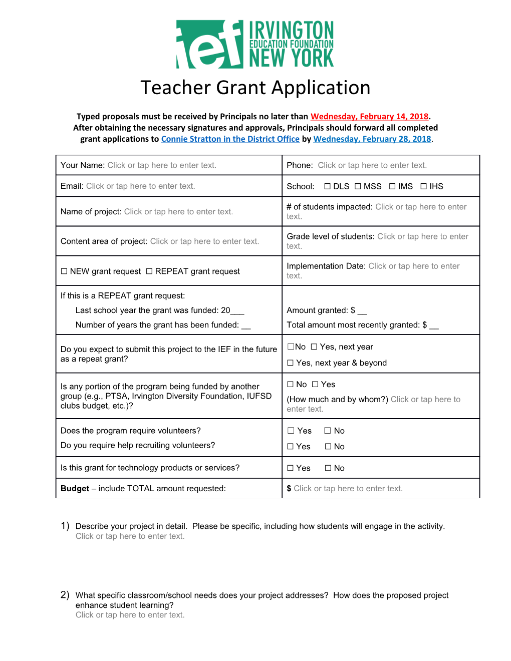 IEF Teacher Grant Application Page 1 of 4