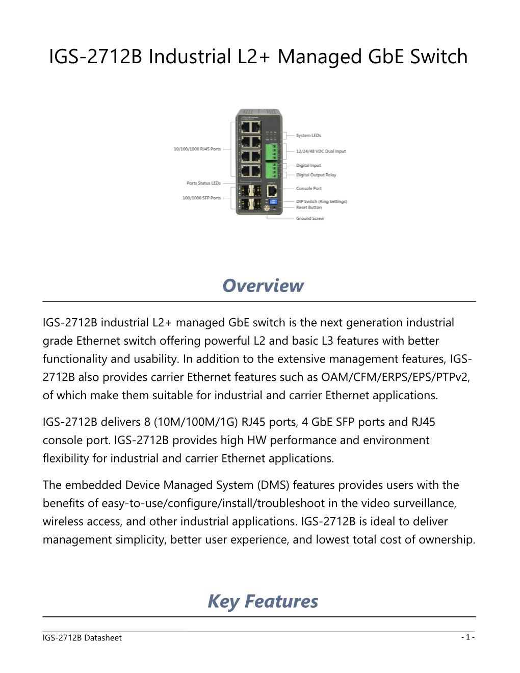 IGS-2712Bindustrial L2+ Managed Gbe Switch