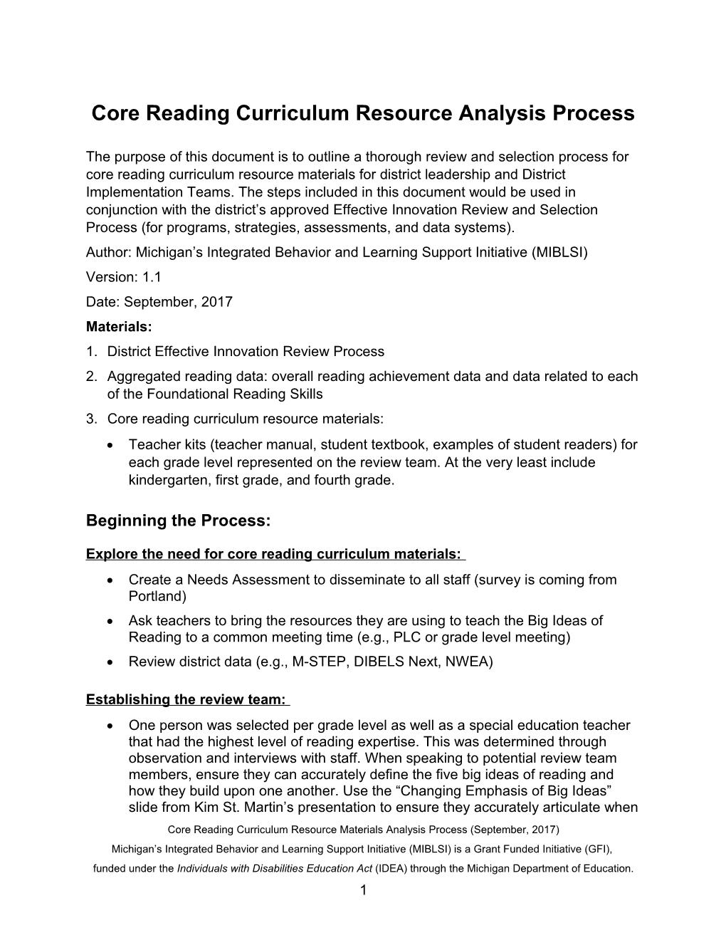 Core Reading Curriculum Resource Analysis Process