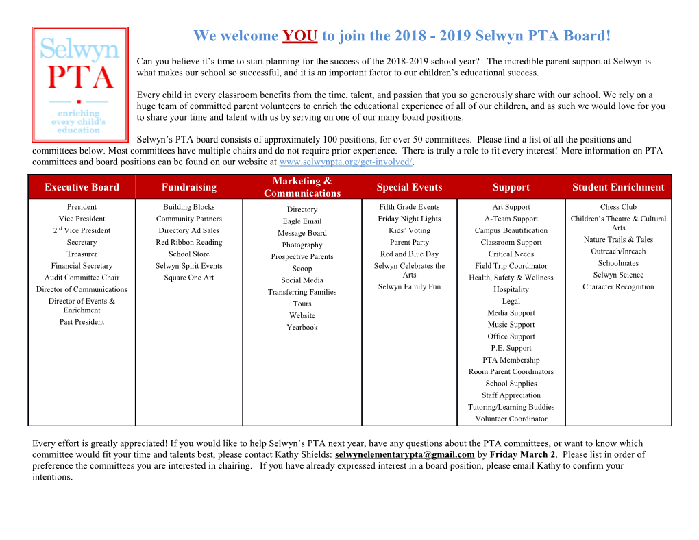 We Welcome Youto Join the 2018 -2019 Selwyn PTA Board!