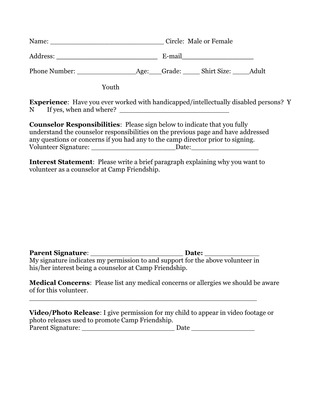Camp Friendship 2015 Counselor Application