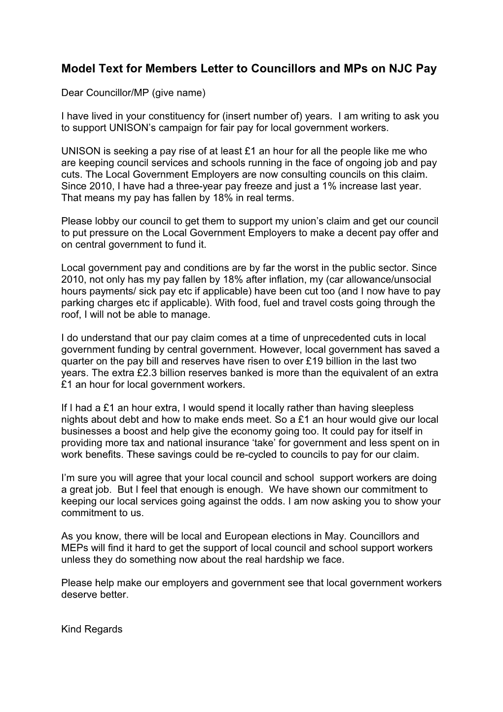 Members Letter to Councillors and Mps