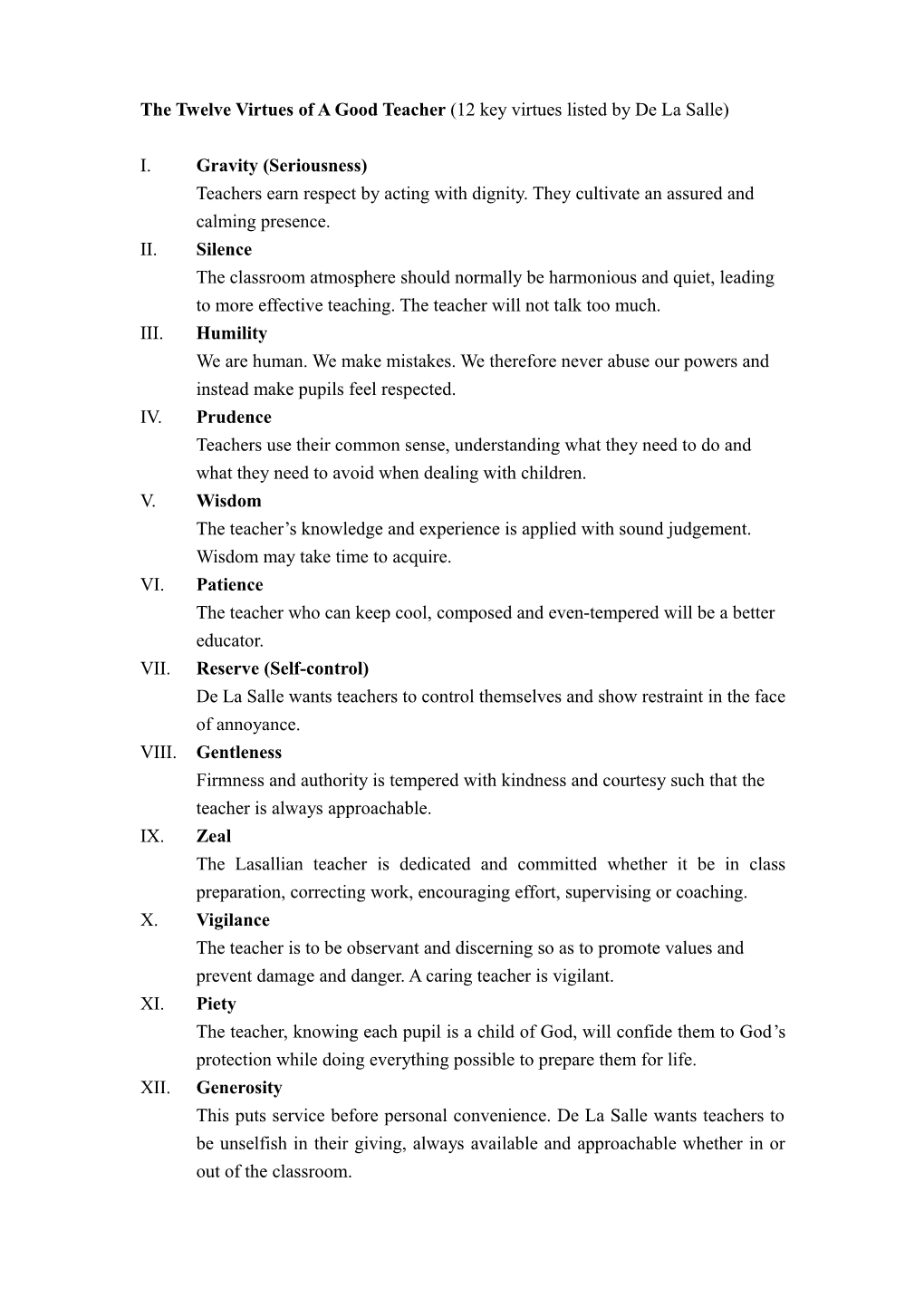 The Twelve Virtues of a Good Teacher (12 Key Virtues Listed by De La Salle)