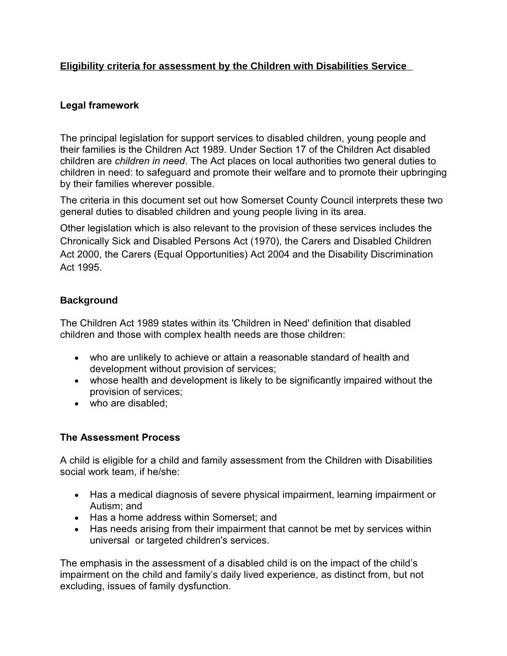 Eligibility Criteria for Assessment by the Children with Disabilities Service