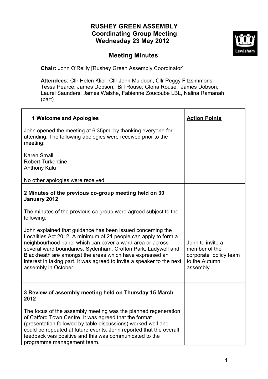 Rushey Green Coordinating Group Meeting 23 May 2012 Minutes