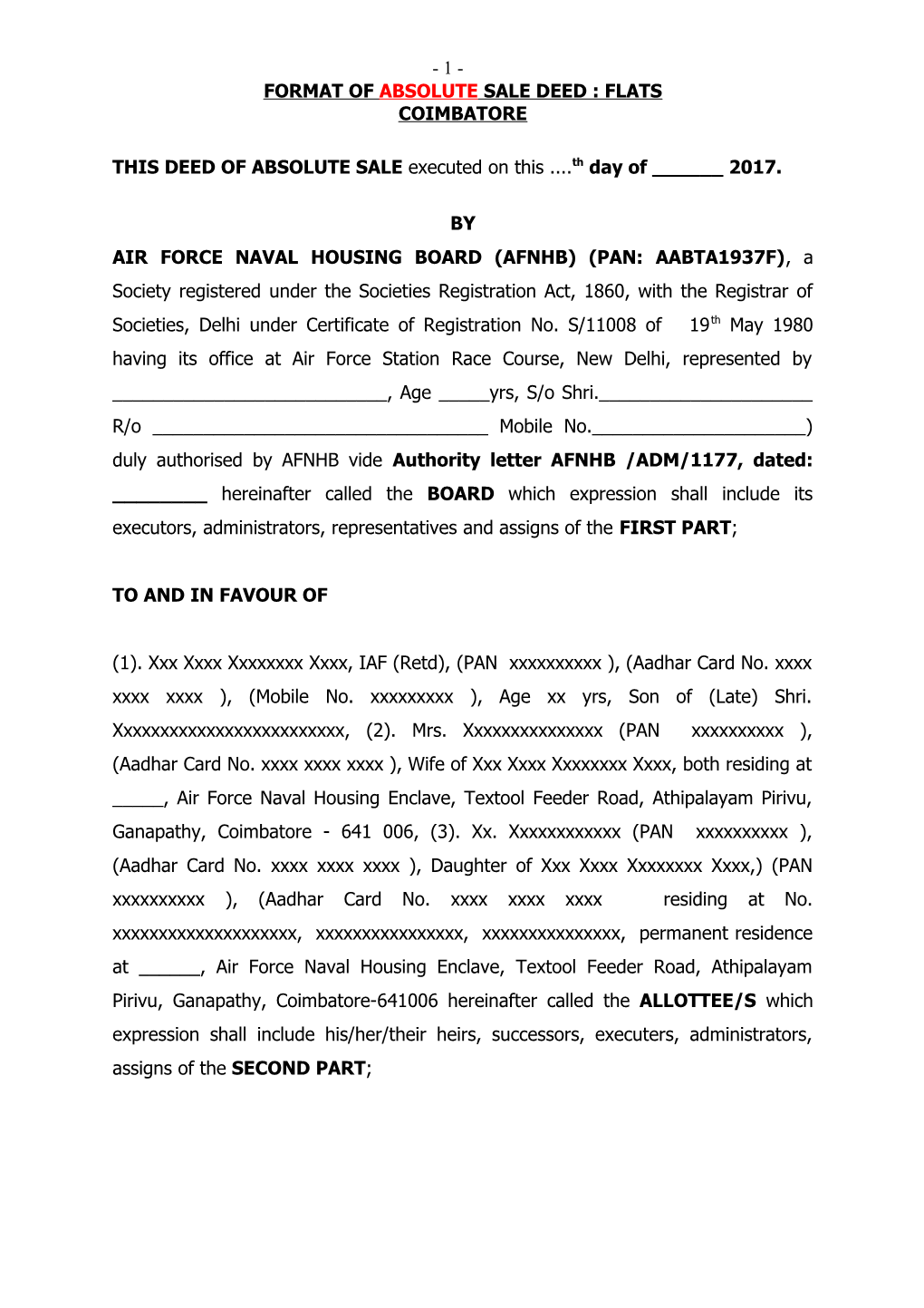 Format of Absolute Sale Deed : Flats